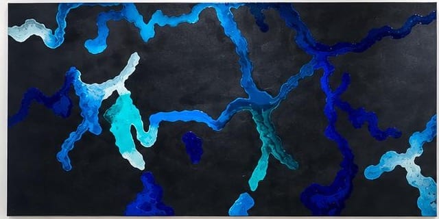 Abstract painting of branching blue and turquoise currents over a black ground